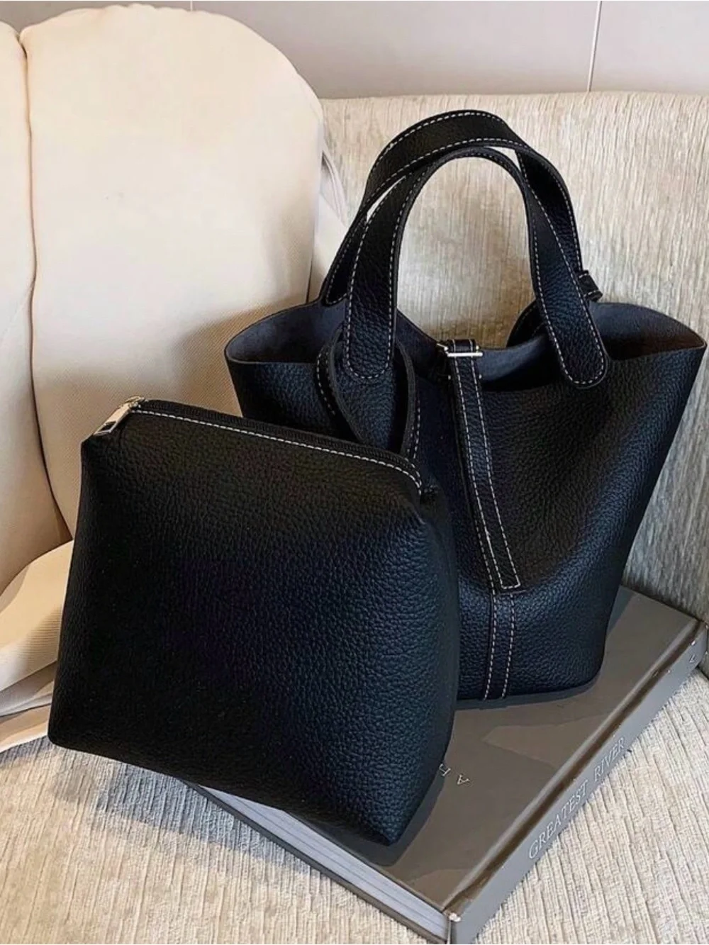 Black Casual Shoulder/Handbag Removable Straps w/ Inner Zip Bag Classic Style - Picture 2 of 6